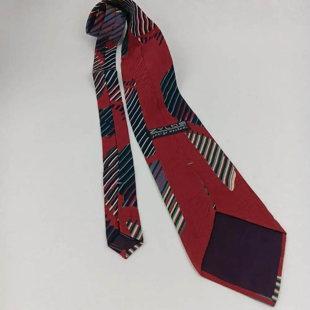 Zylos George Machado Tie Mens Red Black Blue Abstract Striped 100% Silk Necktie